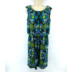 Maggy L‎ Dress Size 10 Sleeveless Midi Blouson Abstract Geometric Mod Maximalist